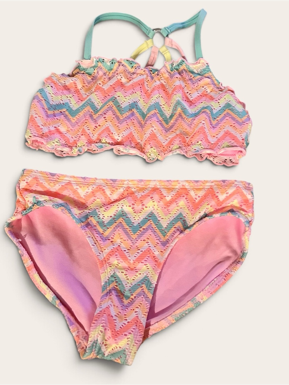 JUSTICE Girl’s Pastel Chevron Ruffle Bikini - Pink, Mint, Yellow, Purple